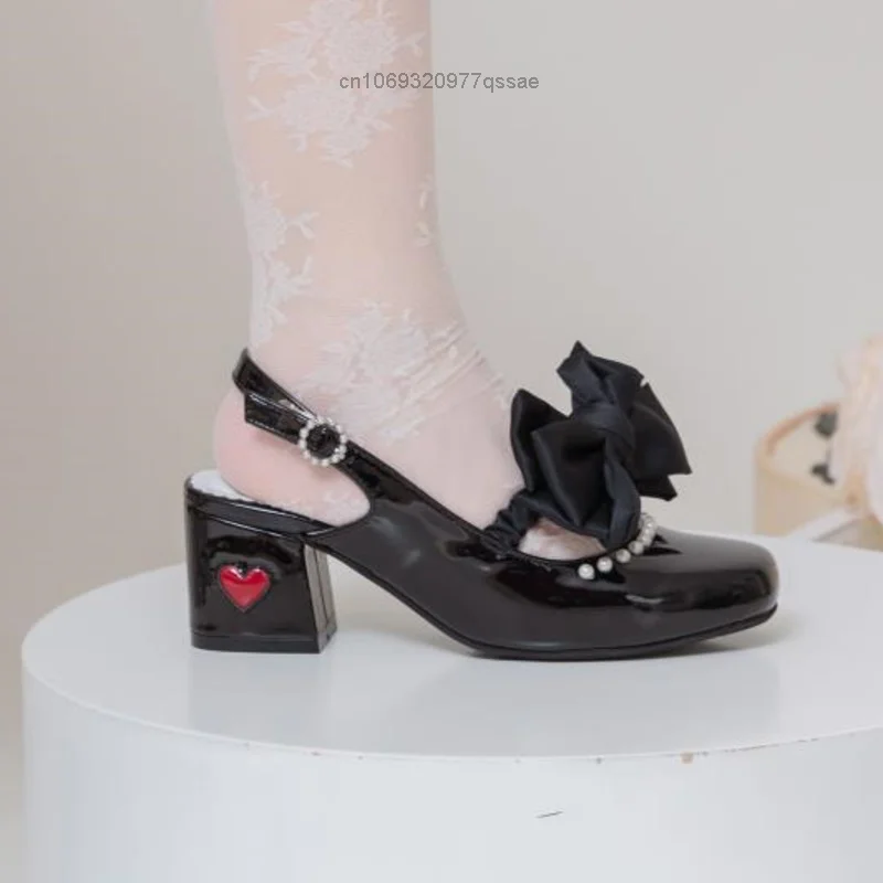 

Miniso 2023 новые женские сандалии модные шикарные летние французские элегантные туфли лодочки Лолита туфли на среднем каблуке с бантом на толс...