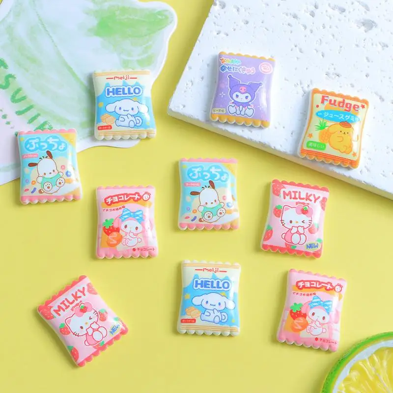 

10Pcs Kawaii Sanrio Resin Accessories Anime Hellokitty Kuromi Cinnamoroll Snack Bag Series Diy Phone Cases Hair Clips Handmade