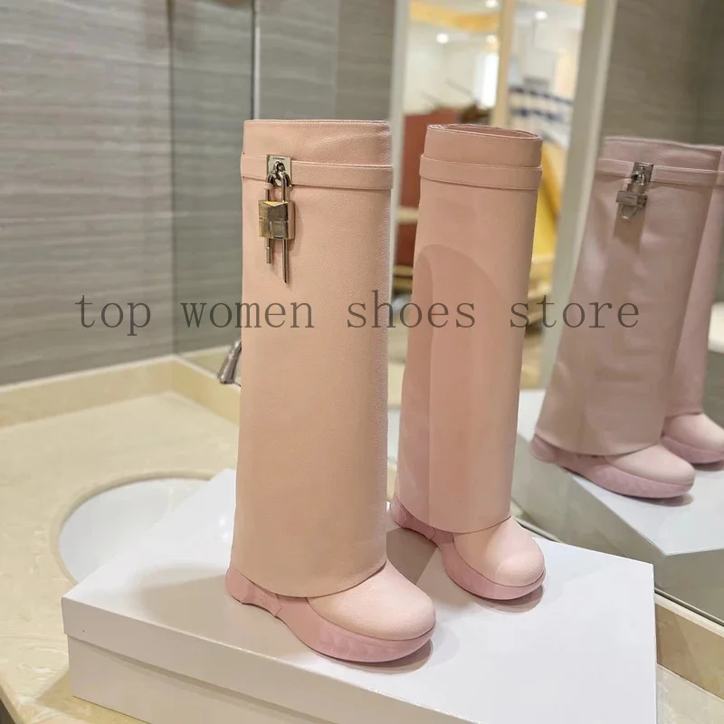 Сапоги до колена из натуральной кожи с круглым носком на танкетке в уличном стиле