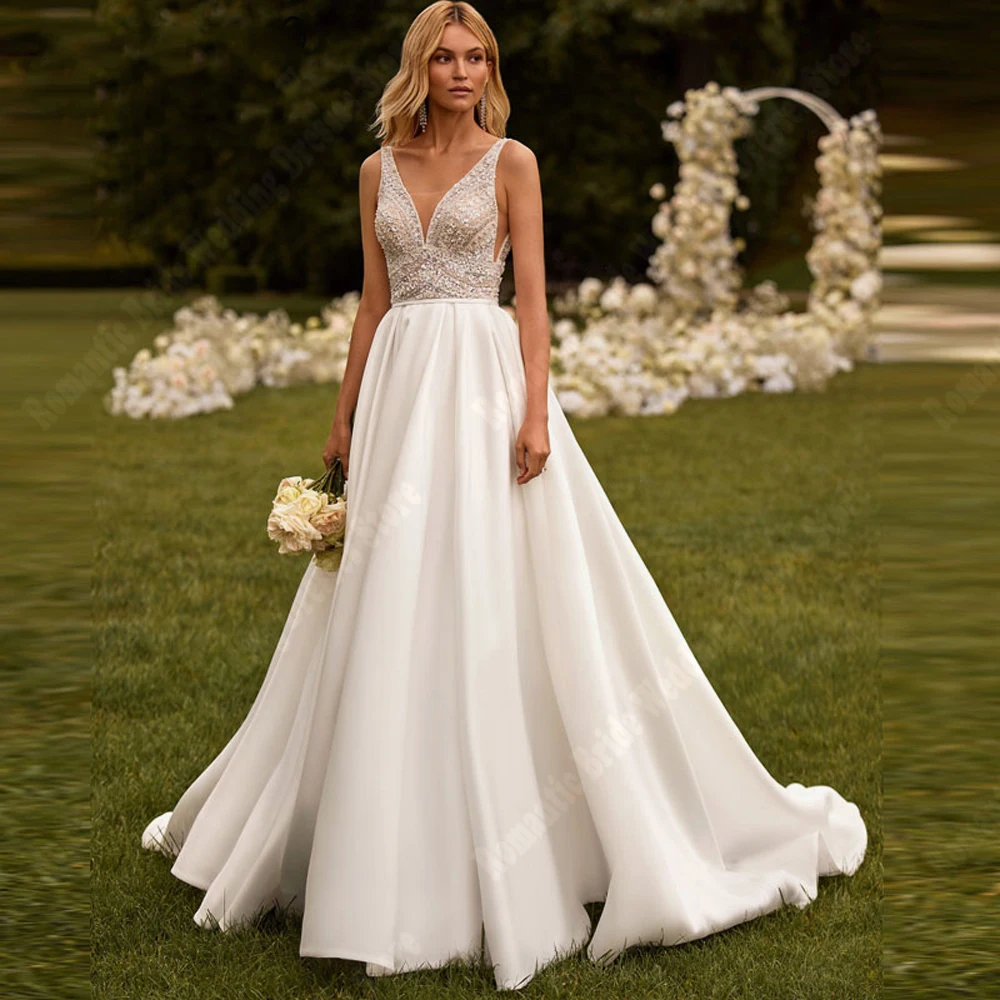 Платье Свадебное ТРАПЕЦИЕВИДНОЕ атласное с открытой спиной и 2024