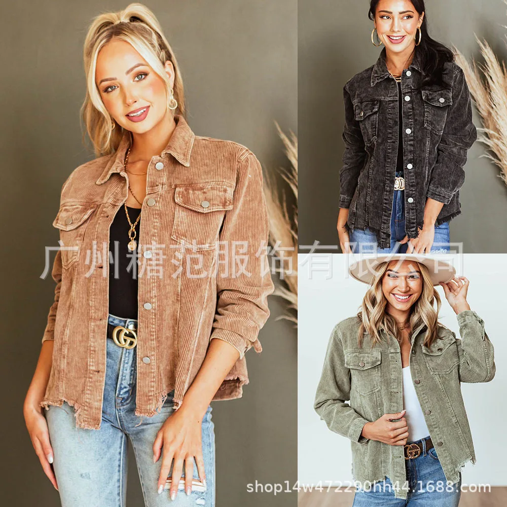 

Winter Jacket Woman New Pocket Hole Fashion Corduroy Jacket Women Solid Color Long Sleeve Coats