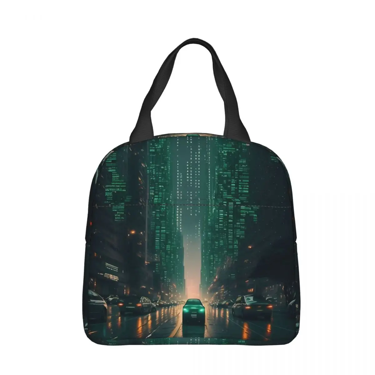 

Evening City In Green Code Portable Lunch Bag Movie The Matrix Ice Cooler Pack Insulation Picnic Food Storage Bags
