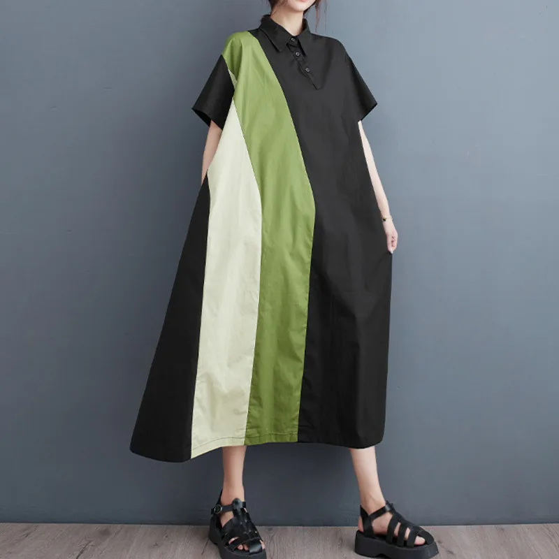 

#3748 Летнее Длинное Платье-рубашка, женское платье-рубашка с воротником-поло на пуговицах в Корейском стиле, ТРАПЕЦИЕВИДНОЕ ПЛАТЬЕ С Коротким Рукавом, свободные женские платья миди с карманами