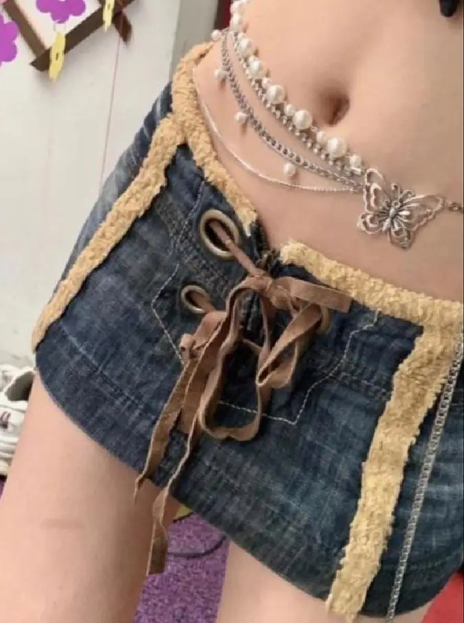 

Весенняя модная женская облегающая мини-юбка Y2K, трапециевидные юбки для девочек, винтажная Лоскутная Короткая юбка с заниженной талией и перекрестными лямками