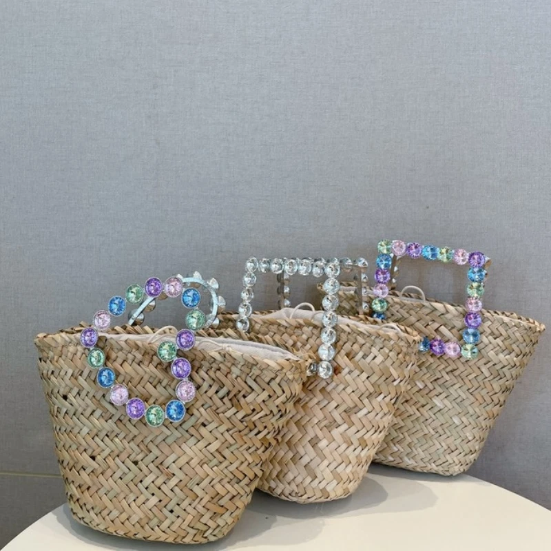 

Small Rattan Woven Straw Bag for Women 2023 New Design Luxury Diamonds Handle Handbag Summer Bali Beach Basket Tote Bag Female