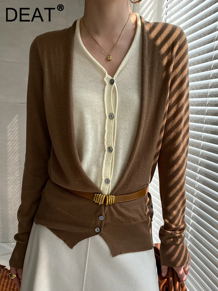 

Женский трикотажный кардиган с поясом DEAT, облегающий однобортный свитер с длинным рукавом и V-образным вырезом, осень 2023