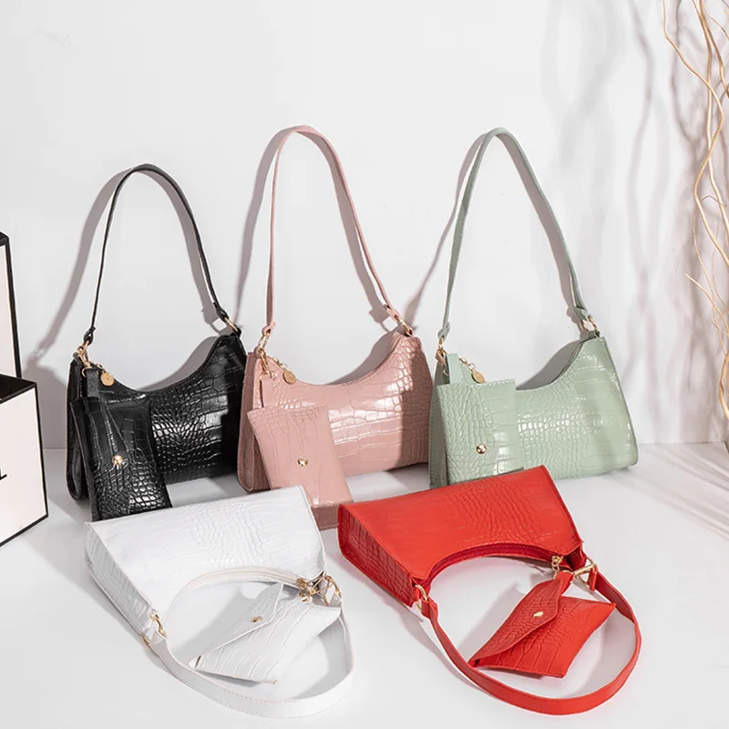 

2022 Fashion Exquisite Shopping Retro Casual Women Totes Shoulder Bags Alligator Pattern with Mini Purse Pendant 2pcs Composite