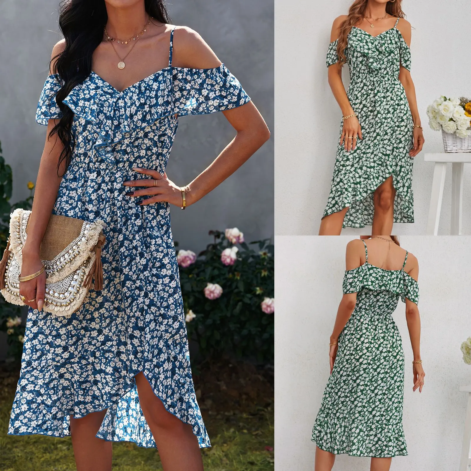 

Summer Gentle Sensual Dresse Sirregular Skirt Chiffon Slip Dress Summer Women Pastoral Print Sling Gentle Lady Irregular Skirt