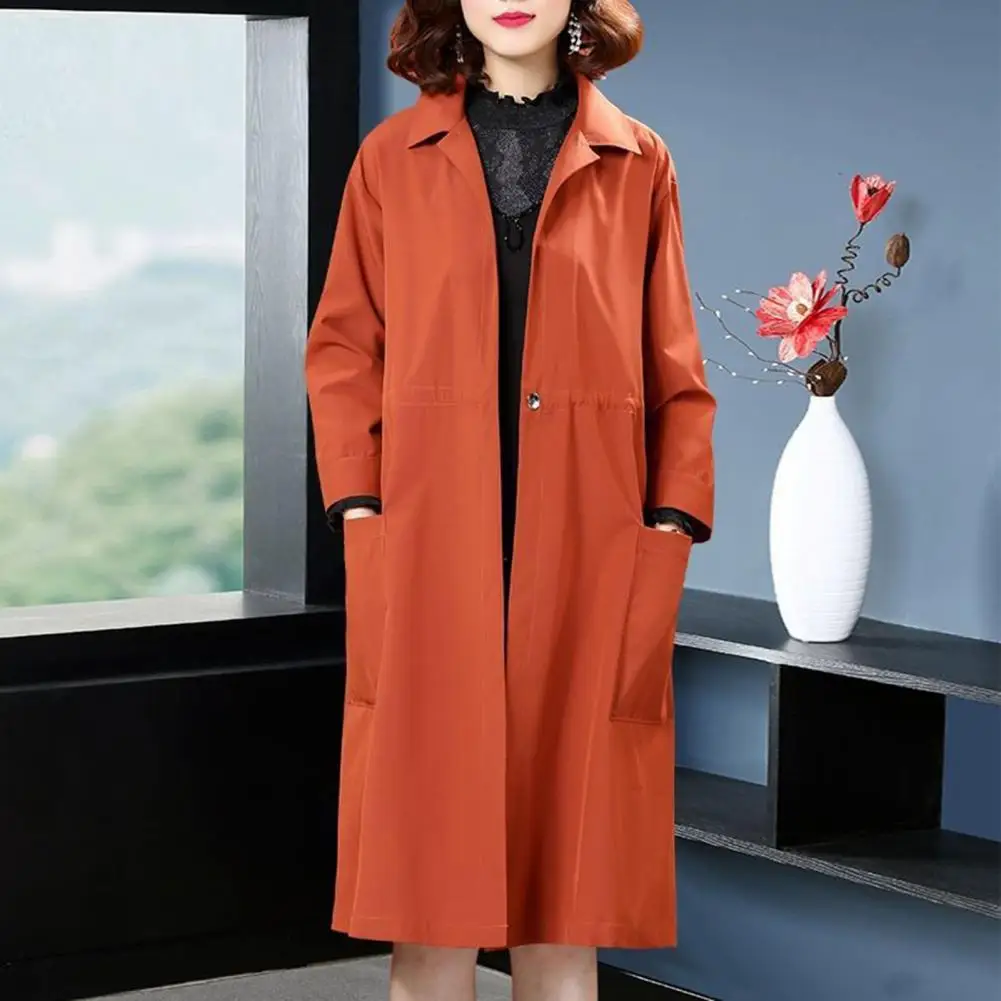 

Women Fall Winter Coat Turn-down Collar Single Button Loose Patch Pocket Smooth Cardigan Knee Length Trench Coat