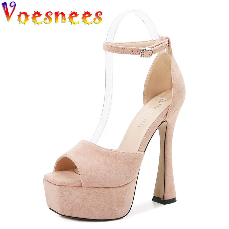 

Women Suede Sandals Sexy Buckle Belt High Heels Summer Party Pumps Square Head Shoes On Cover Heel Ladies Peep Toe Dress Shoes