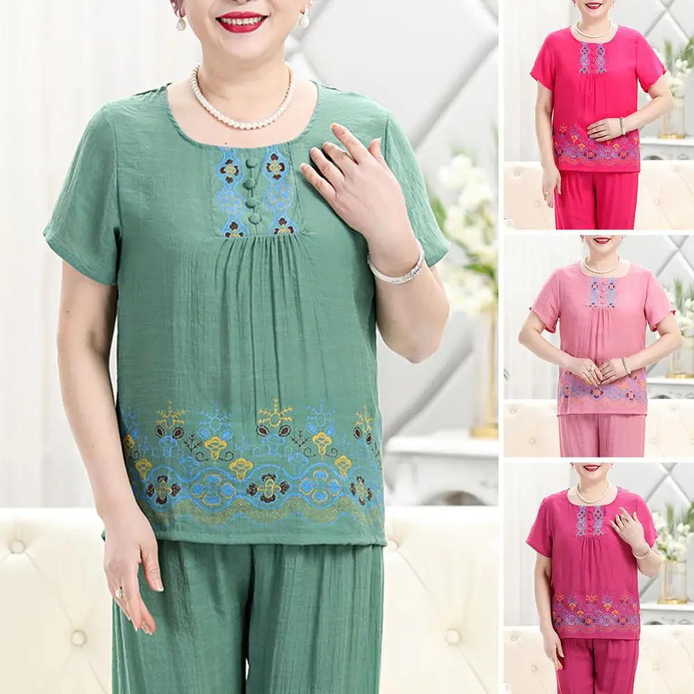 

2Pcs/Set Middle-aged Elderly Women Loose Fit Outfit Retro Print O-neck Short Sleeve Tops Wide Leg Pants Set Summer Outfits