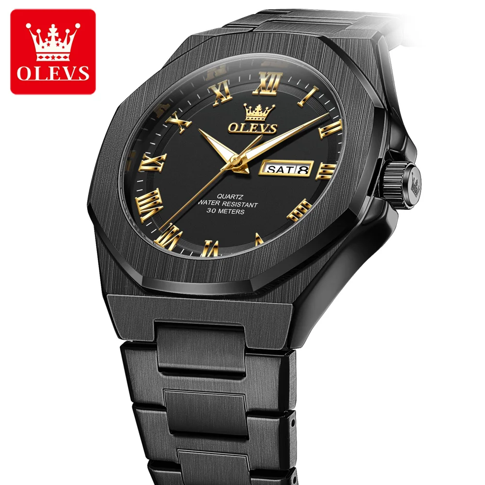 Фото Мужские часы OLEVS Original Brand, деловые кварцевые часы с двойным календарем, водонепроницаемые, с римскими цифрами и люминесцентным покрытием. №4