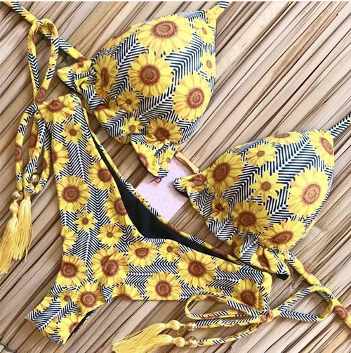 

Sexy Swimsuit Women Sunflower Print Push Up Padded Biquini Brazilian Summer Bathing Suit Thong Bikini Bikini 2022 Swimwear Women