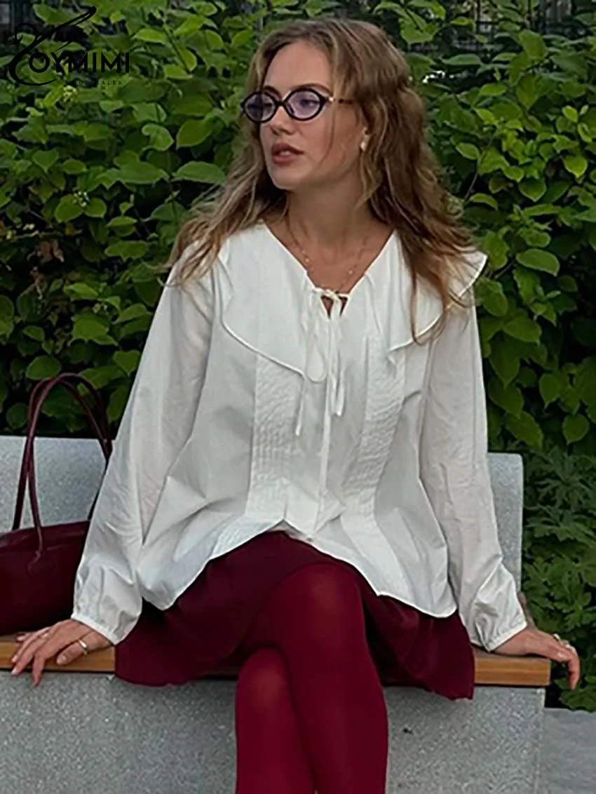 Oymimi модная белая плиссированная женская блузка повседневные рубашки на шнуровке