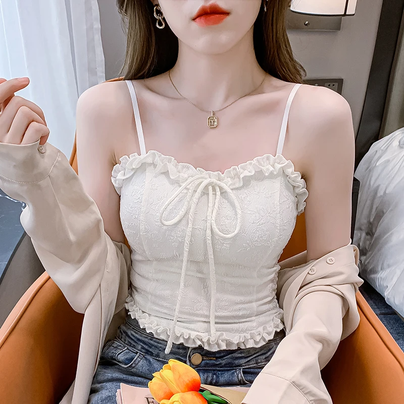 

Fashion Crop Top Women Sweet Short Off White Tank Top Women's Summer Women Clothes Cami Bustier Solid T-shirts Ribbons Blouse
