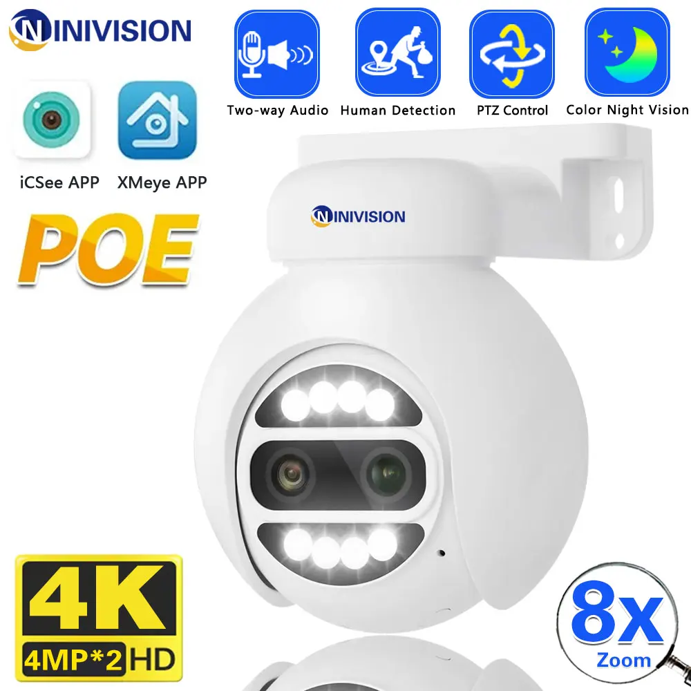 

4K Dual Lens POE Camera 8MP 8X PTZ Zoom PTZ Control Two Way Audio CCTV Security Video Surveillance Camera XMeye Pro ICsee 4MPX2