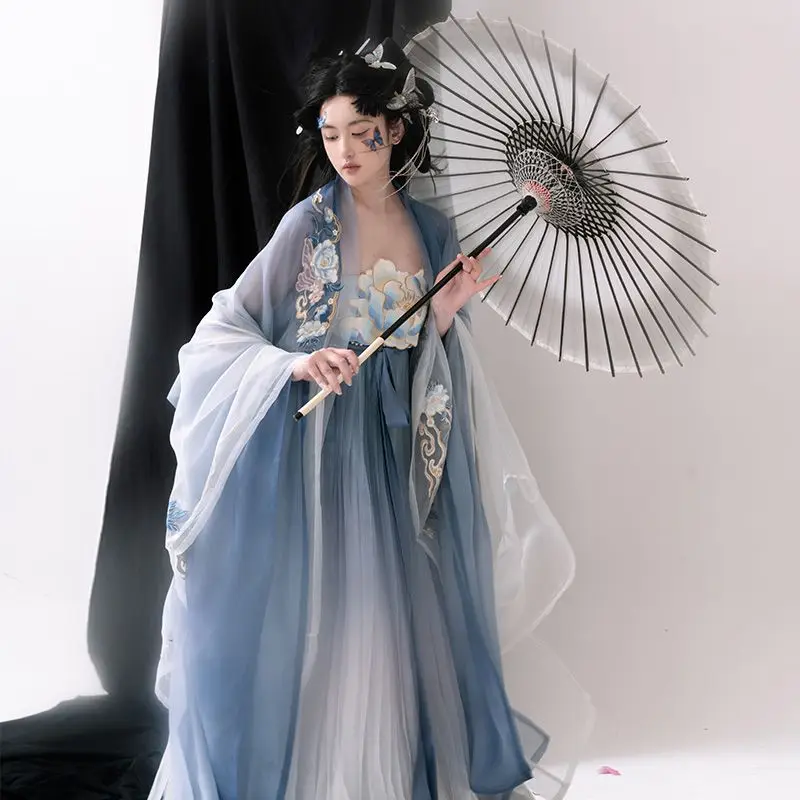 Женская голубая юбка Hanfu с вышивкой рубашка большим рукавом и принтом на весну