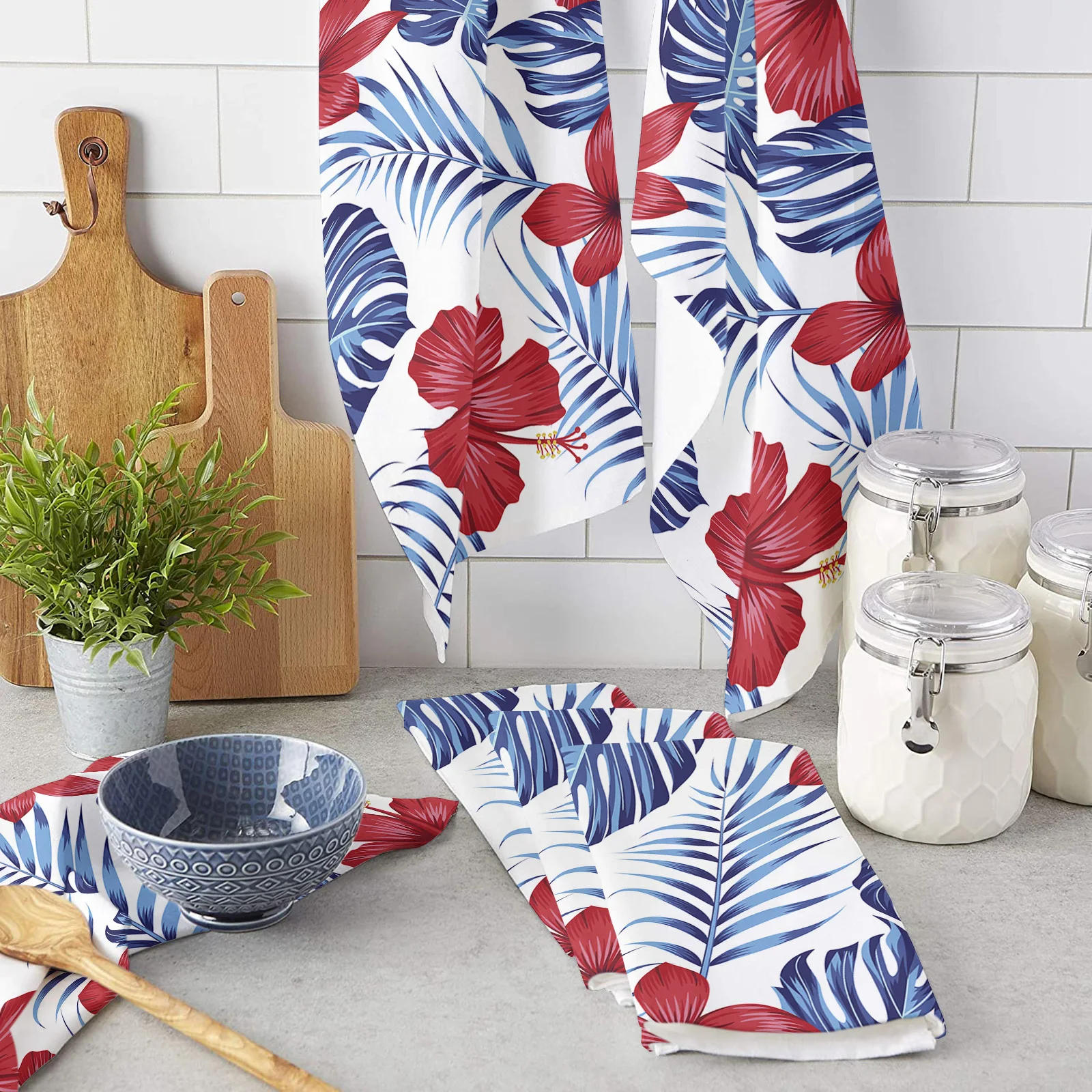 

Hibiscus Red Flower Plant Leaves Kitchen Cleaning Towel Microfiber Absorbent Dishcloths for Kitchen Rags Cleaning Tool