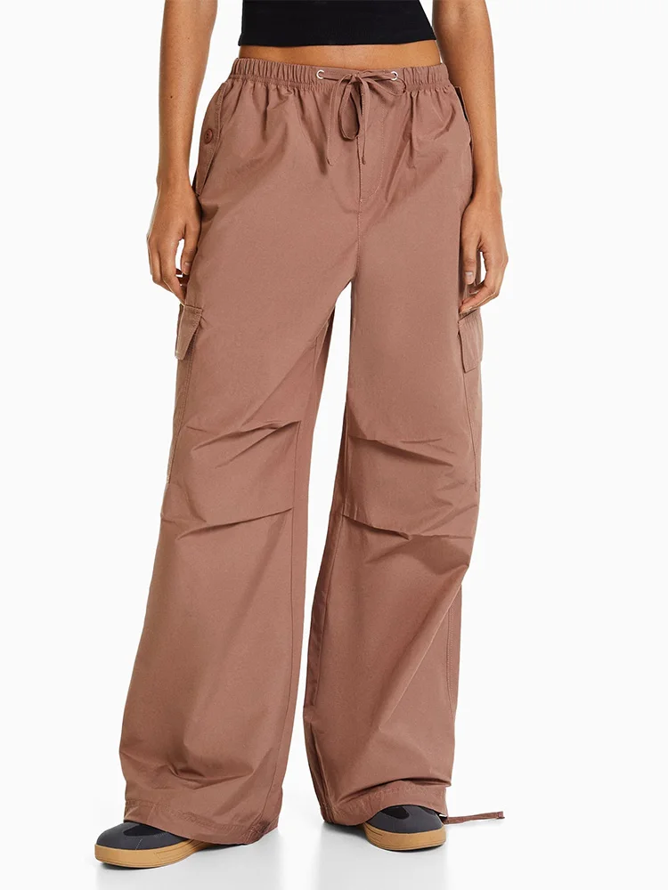 

Jogger Trousers Women Drawstring Tie Elastic High Waist Baggy Pants Crease Detail Leg Adjustable Hem Cargo Pants With Pockets