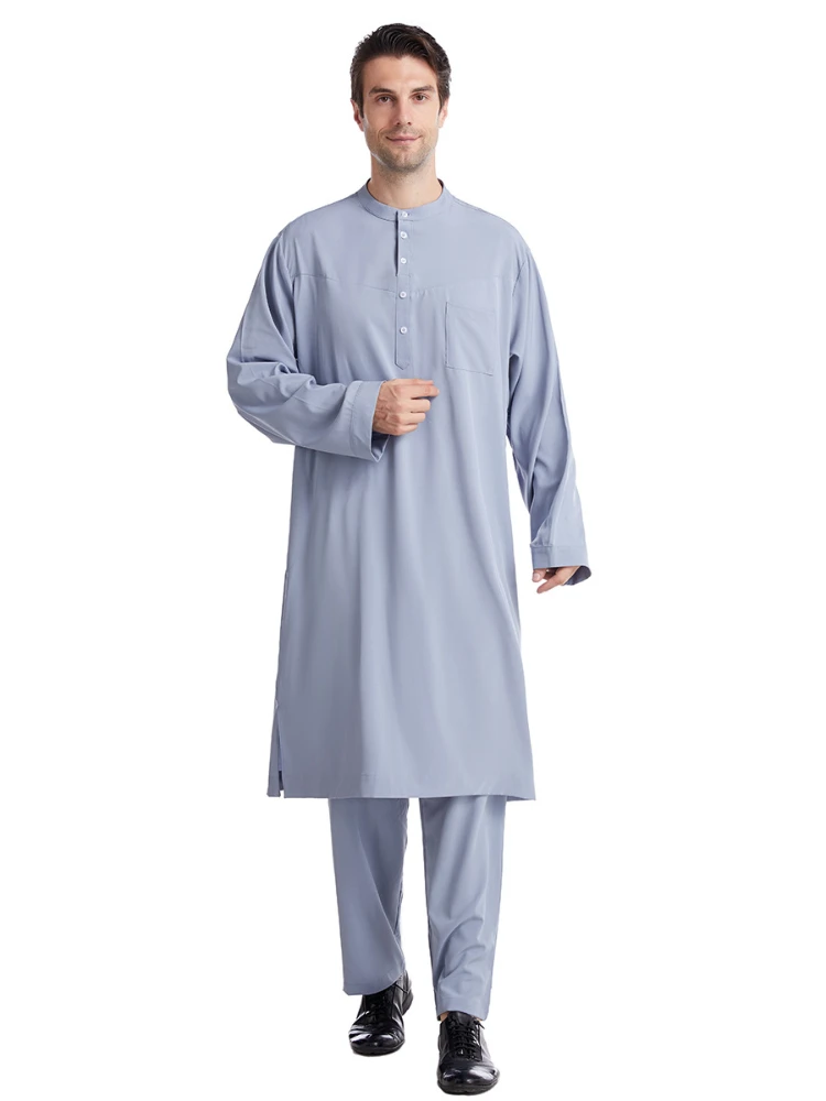 Ramadan Eid Muslim Fashion Men's Robe Set Button Crew Neck Casual Middle East Arabic Abaya Dubai Two Piece Suit Islamic Clothing