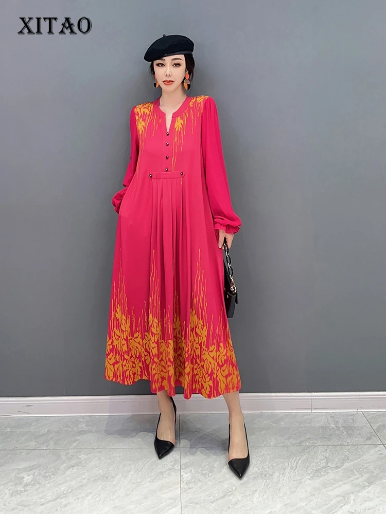 

XITAO/винтажное платье с принтом; Красный Свободный пуловер с длинными рукавами; Новое поступление; Сезон весна; Повседневная модная одежда; У...