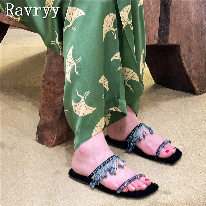 Дизайнерские женские шлепанцы с бахромой летние новые пляжные квадратным носком