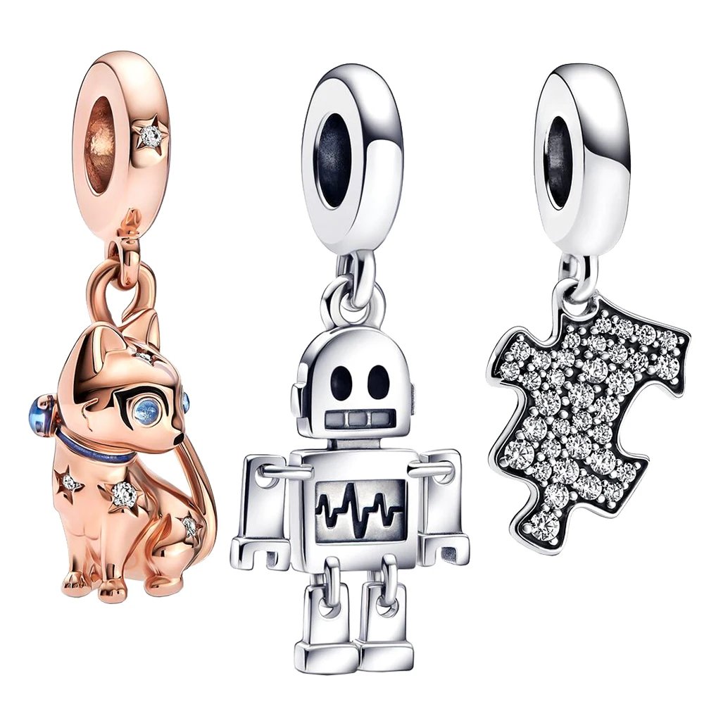 

S925 Silver Robot Cat Jigsaw Puzzle Technology Pendant DIY Bracelet Necklace Fit for Pandora Women Birthday Party Friend Gifts