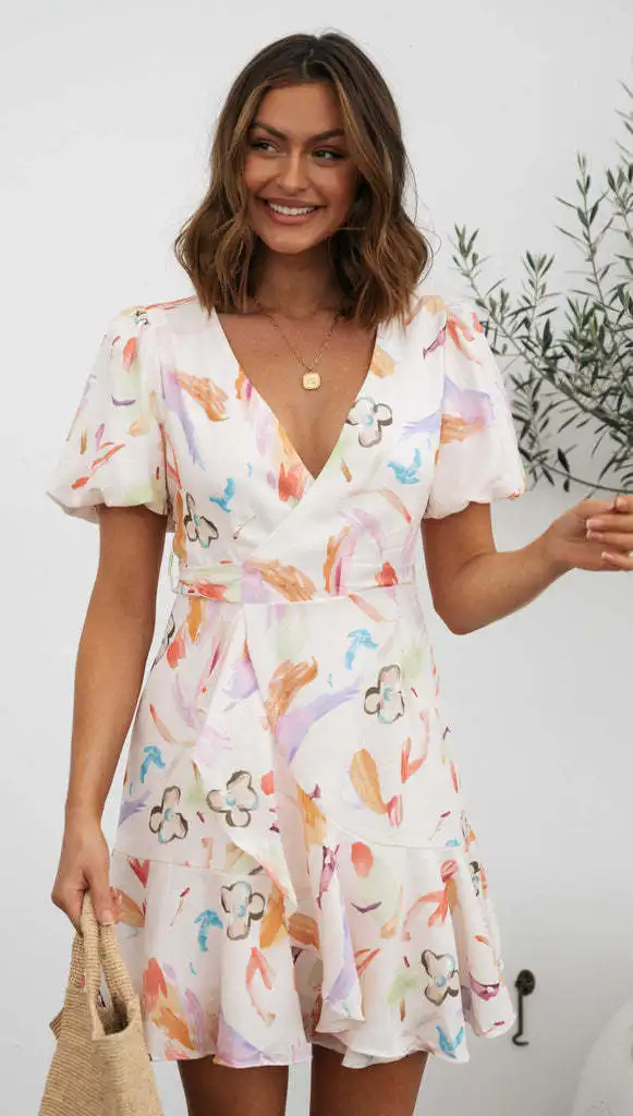 

Yeuxverts 2023 New Vintage Lantern Sleeve Summer Women Wrap Mini Dress Boho Beach Holiday Retro Ruffles Print A-line Dress