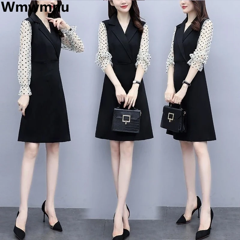 

Vintage Dot Print Patchwork Mesh Long Sleeve Dress Women Office Lady Korean Black Elegant Party Dresses Midi Vestidos De Mujer