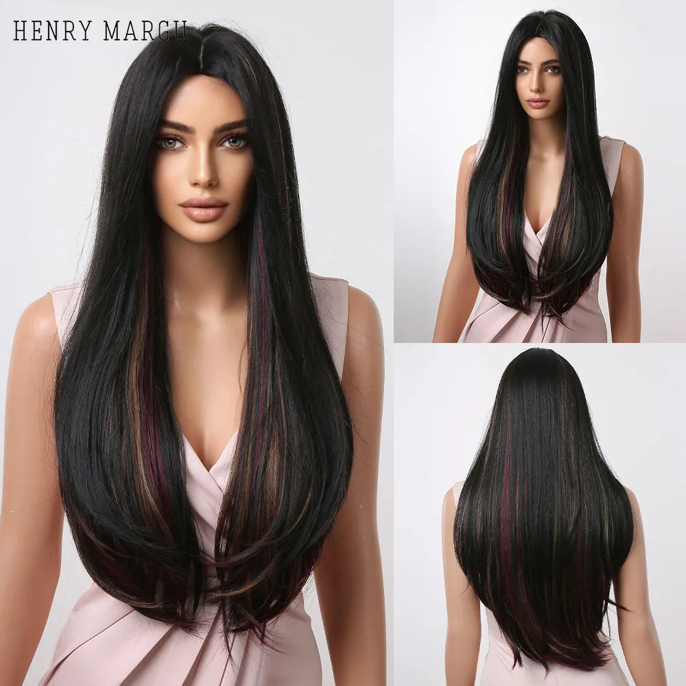 

HENRY MARGU Black Mixed Golden Red Highlight Synthetic Hair Wig for Women Long Straight Middle Part Natural Wigs Heat Resistant