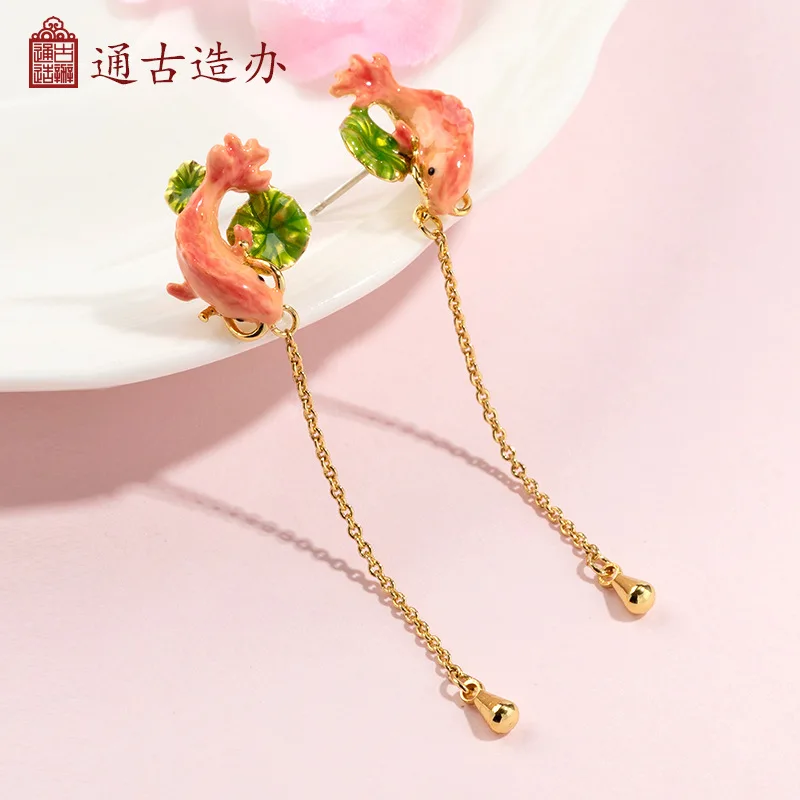 

Chinoiserie style "koi playing lotus" simple elegant enamel color Stud earrings long tassels lucky fish temperament earrings
