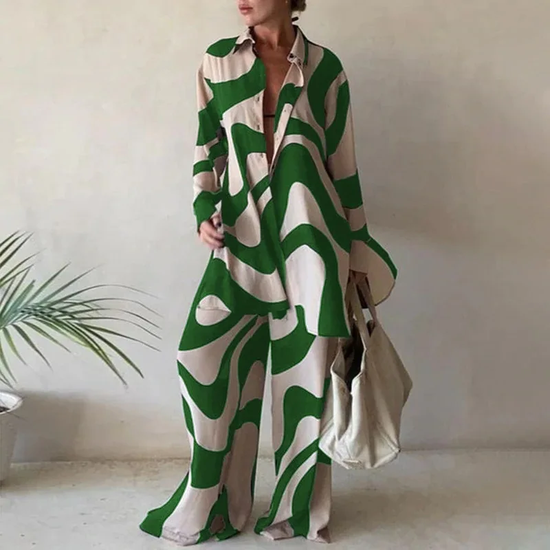 

2022 Suit Fashion Printed Loose Long Sleeve Shirt + Straight Pants for Women Two Piece Suits
