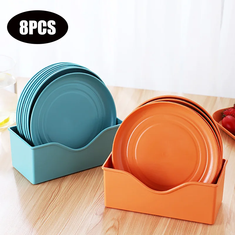 

8pcs Colorful Dinner Plates Set Wheat Straw Tableware Dishes Candy Snacks Plate For Food Cake Tray Kitchen Supplies Accessories