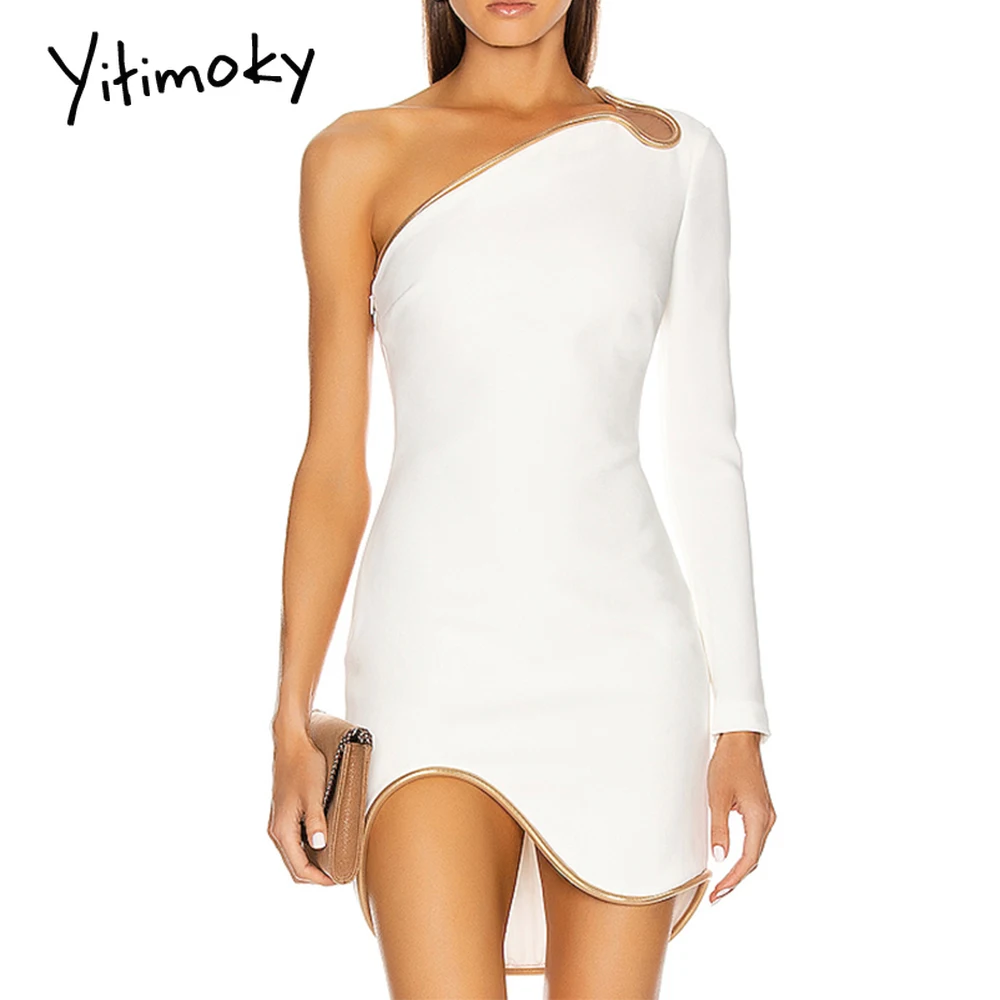 

Yitimoky White Bandage Dress 2022 New Arrival One Shoulder Sexy Bandage Dress Bodycon Summer Long Sleeve Night Club Party Dress