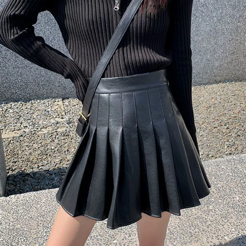 2023 Spring Summer Pleated Mini Skirt Women Streetwear High Waist PU Leather Skirt Female Fashion Slim A Line Skirts