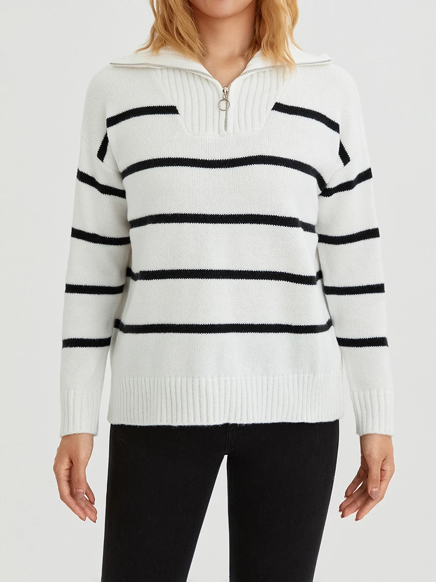 

Женский свободный вязаный свитер, повседневный простой свитер с полосатым принтом и длинным рукавом, на молнии, с отворотом, Осень-зима