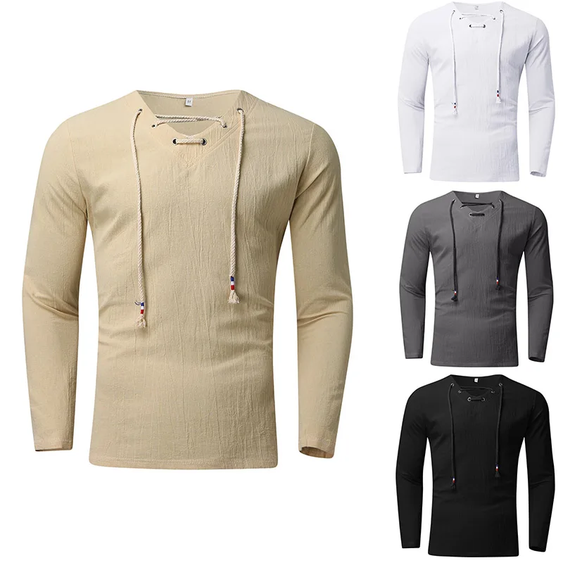 

Футболка LUCLESAM мужская с V-образным вырезом, Однотонная рубашка из хлопка и льна, с длинным рукавом, осень 2022