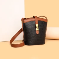 fashion trend stone designer handbags for women genuine leather bucket casual vintage panelled shoulder crossbody messenger bag