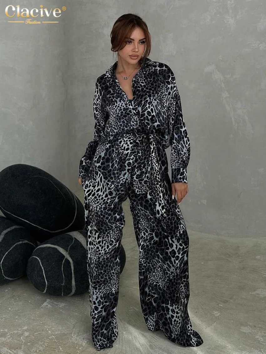 

Clacive Fashion Leopard Print 2 Piece Sets Women Outfit 2023 Elegant Long Sleeve Blouses With High Waist Wide Pants Set Female