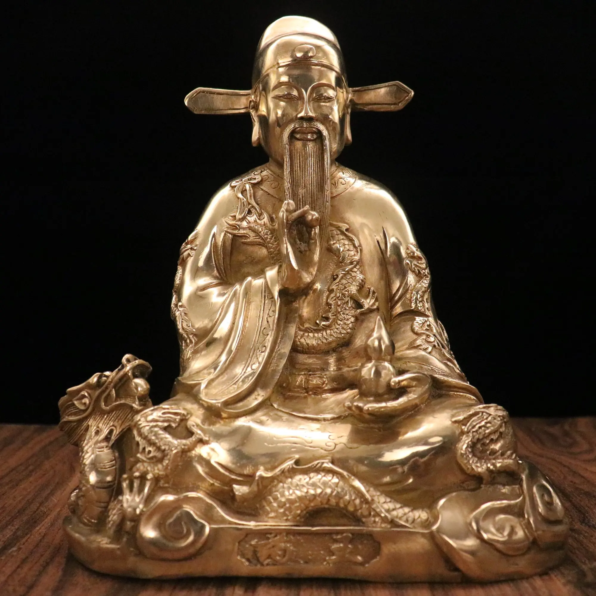 

10" Chinese Folk Collection Old Bronze Patina King of Medicine Sun Simiao save lives gourd ride a dragon ornament Town House