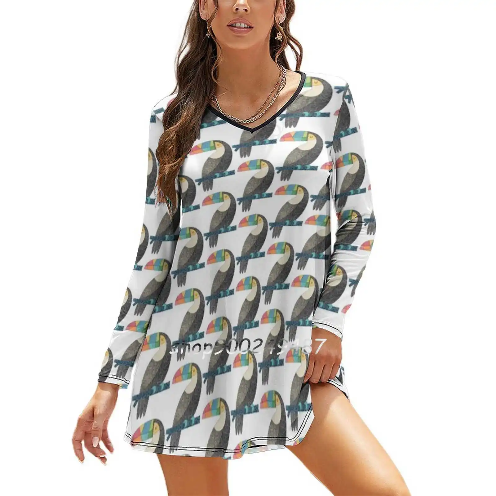 Tucan Chilling Square Neck Dress New Plus Size Elegant Women Waist Tight Bird Birdwatching Linework Cute Enticing