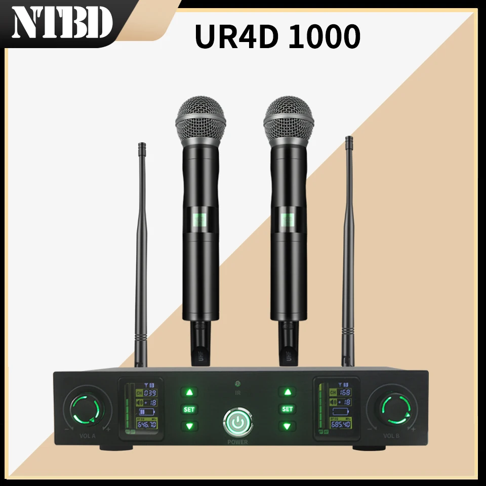 

NTBD High Quality UR4D-1000 Professional Stage Performance Wireless Microphone 2 Channel UHF Karaoke Hip-Hop Singing