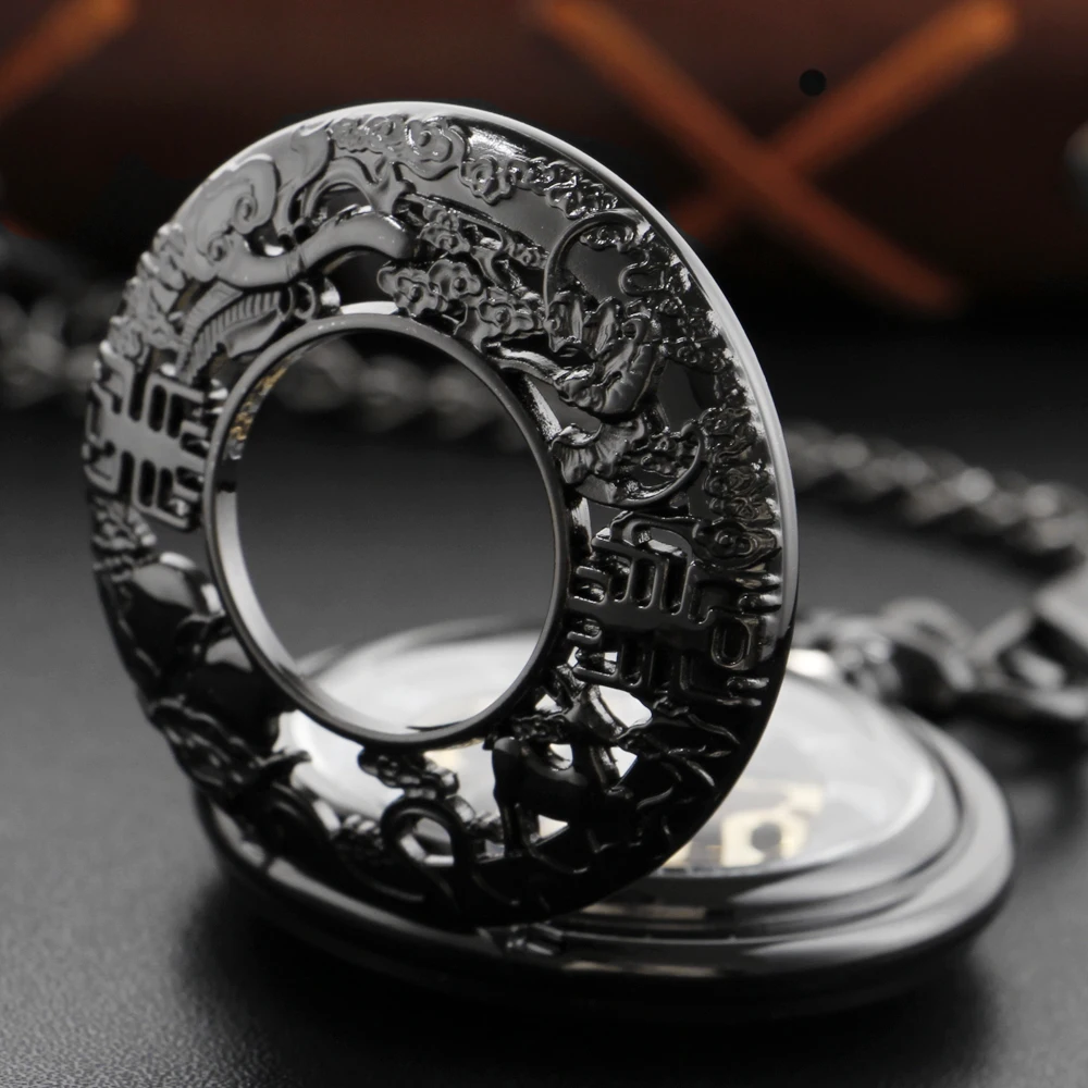 Vintage Black Hollow Skeleton Mechanical Pocket Watch Men's Fob Chain Steel Exquisite Animal Sculpture Women's Pocket Watch Gift