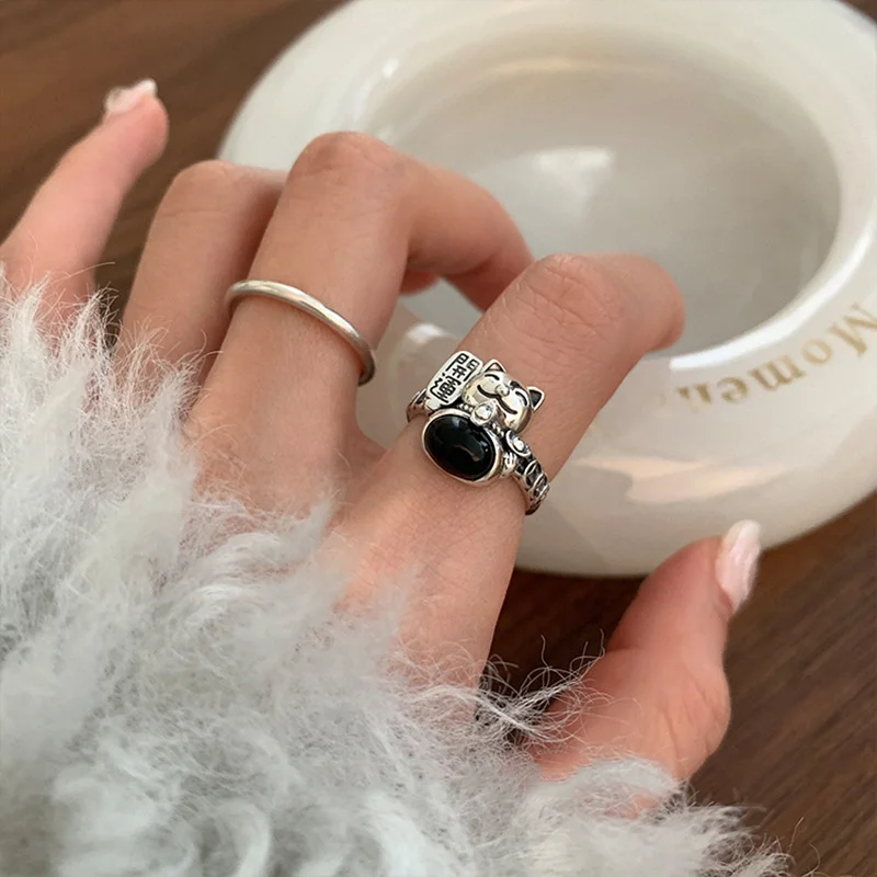 

Vintage Treasure Cat Plain Ring Ring Women's inscape Light Luxury Small Design Fashion Personality Versatile