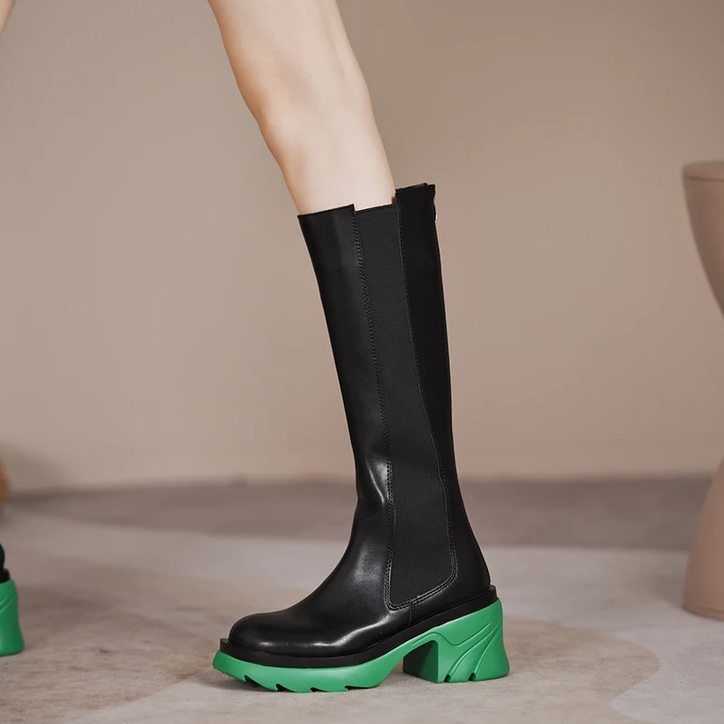 New Women High Heels Knee High Chelsea Boots 2022 Winter Fashion Zip Wedges Snow  Leather Shoes Chunky Goth Motorcycle Botas