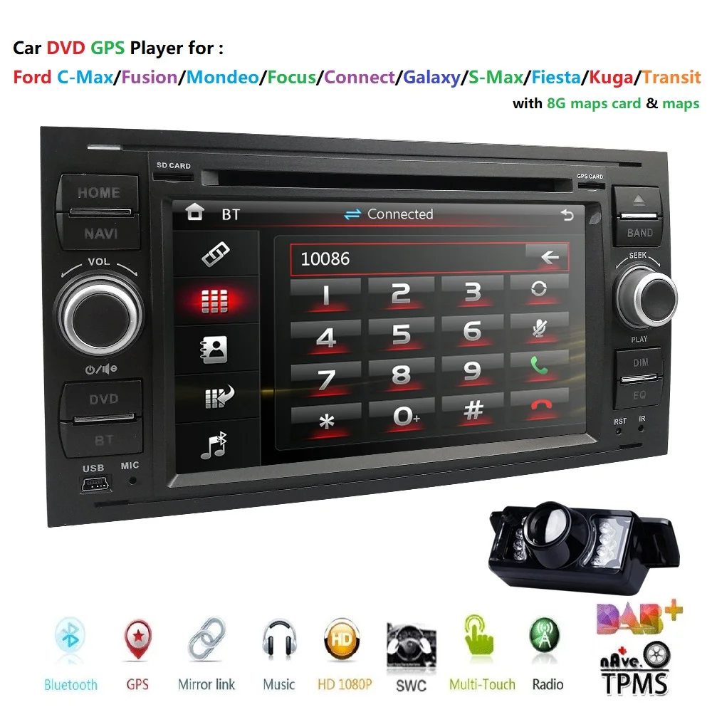 2din Car DVD GPS Stereo Player Radio Audio For Ford Focus Mondeo S C Max Fiesta Galaxy Connect 8G Map Card RDS BT USB CAM dab+