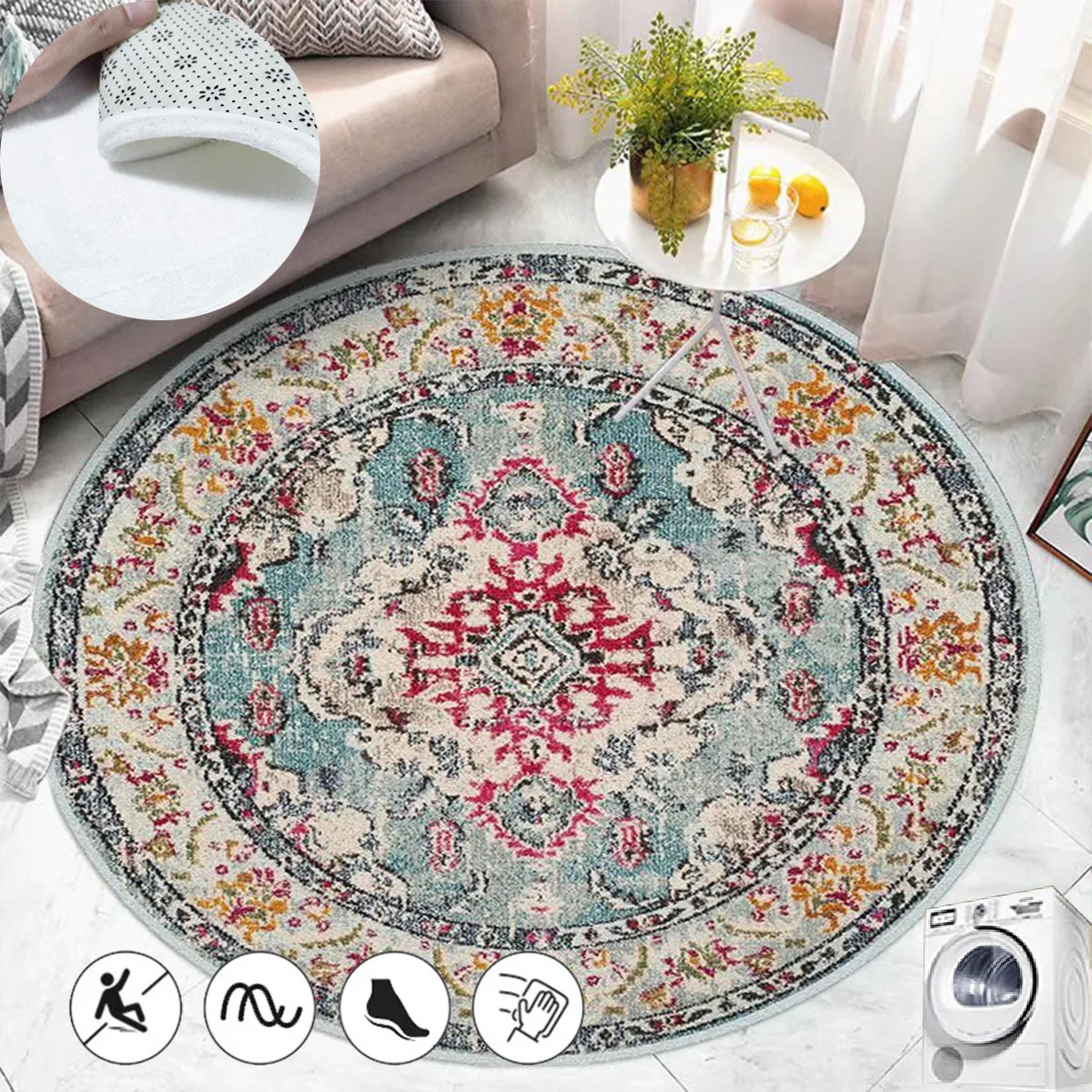 

Washable Round Moroccan Rug Mandala Lounge Floor Mat Soft Non-slip Cloakroom Rugs Bohemia Large Area Living Room Bedroom Carpets