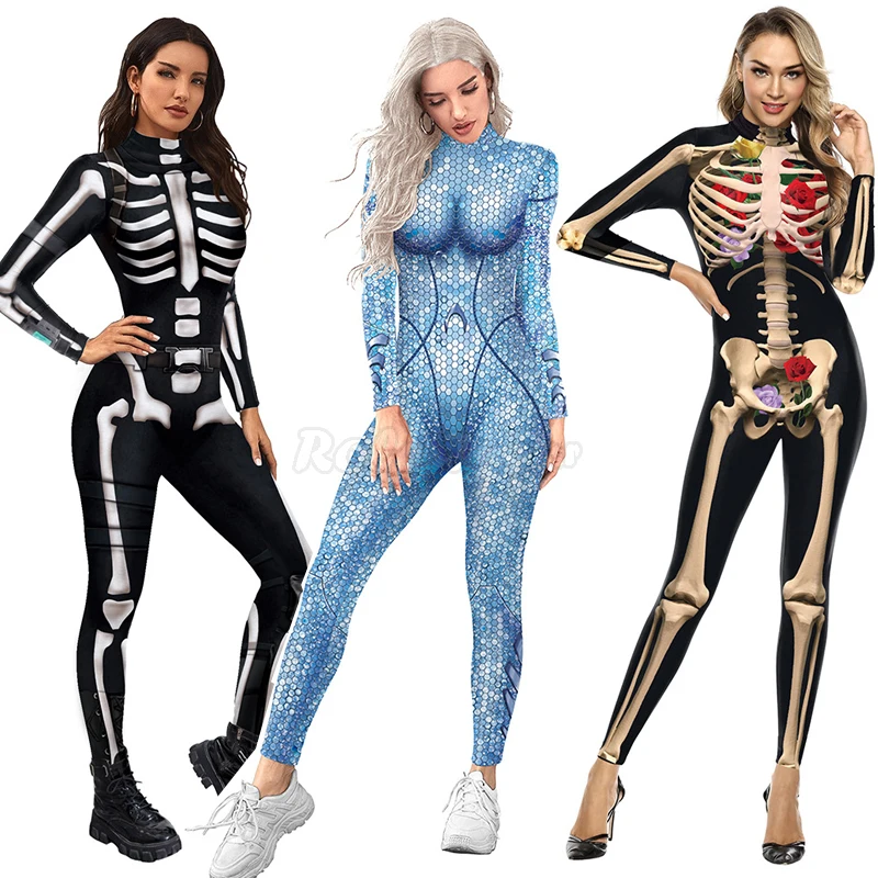 

Adult Skeleton Print Jumpsuit Halloween Cosplay For Women Carnival Party Performance Scary Human Skeleton Bodysuit C40X38