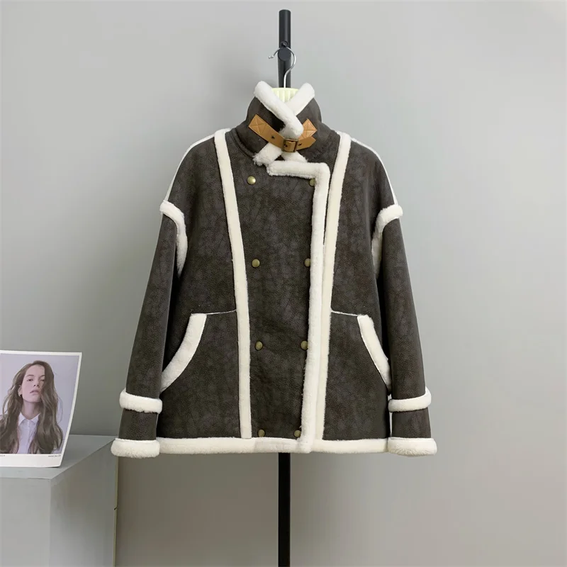 100% genuine wool Lily Locomotive 2023 Winter New Short Sheep Shearing Imported Full Wool Women's Double breasted Fur Coat