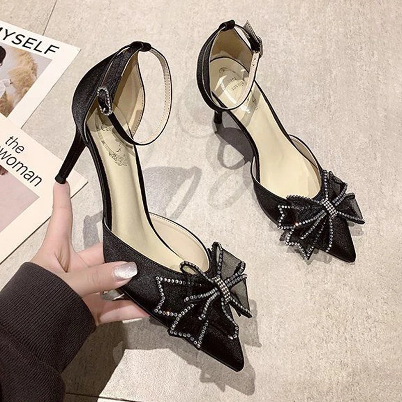 

Women's Pumps Satin Creamy-white Rhinestone Bow Pointed Toe High Heels Wedding Party Fashion Office Lady Shoes 2022